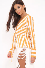Mustard Stripe Plunge Tie Front Shirt - Halina-Shirts
