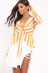 Mustard Stripe Plunge Tie Front Shirt - Halina-Shirts