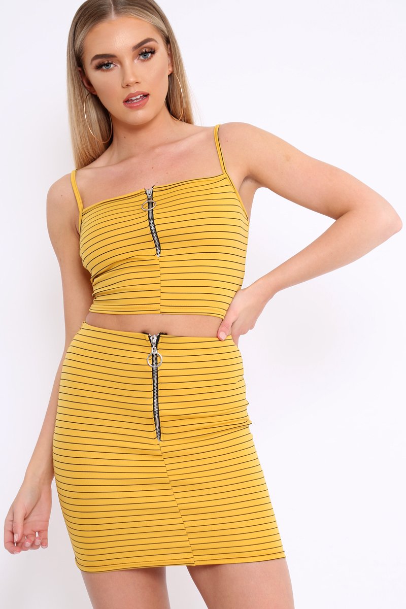 Mustard Stripe Ring Zip Front Mini Skirt And Bralet - Rosi-Co-ords