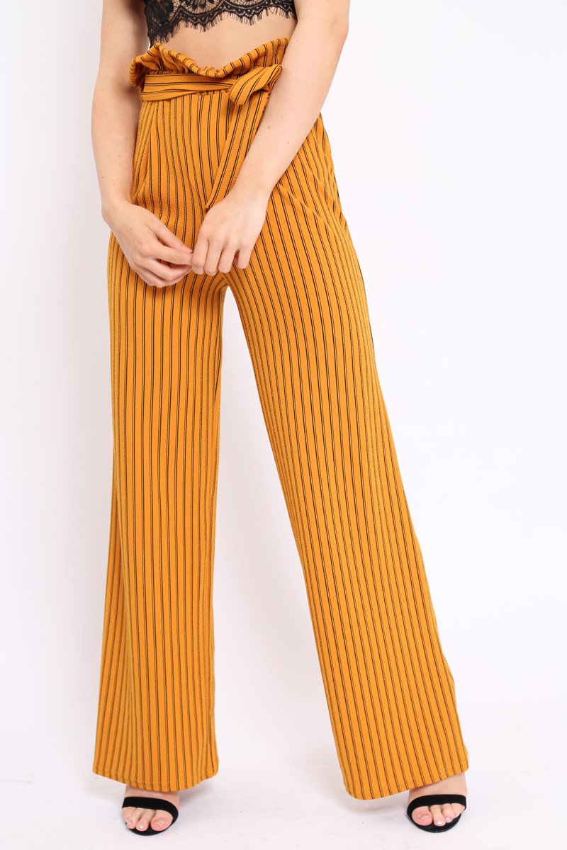 Mustard Striped Paper Bag Tie Waist Wide Leg Trousers - Kennedy-Trousers