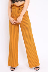 Mustard Striped Paper Bag Tie Waist Wide Leg Trousers - Kennedy-Trousers