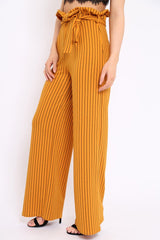 Mustard Striped Paper Bag Tie Waist Wide Leg Trousers - Kennedy-Trousers