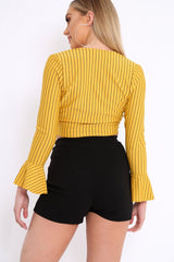 Mustard Striped Plunge Tie Front Flare Sleeve Crop Top - Aimi-Crop Tops