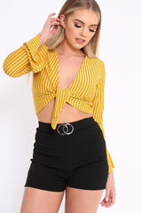 Mustard Striped Plunge Tie Front Flare Sleeve Crop Top - Aimi-Crop Tops