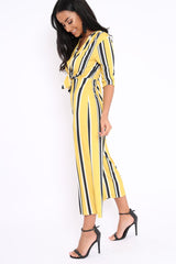 Mustard Striped Tie Front Jumpsuit - Tabatha-Jumpsuits