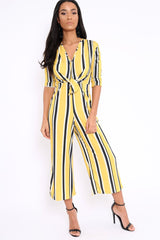 Mustard Striped Tie Front Jumpsuit - Tabatha-Jumpsuits