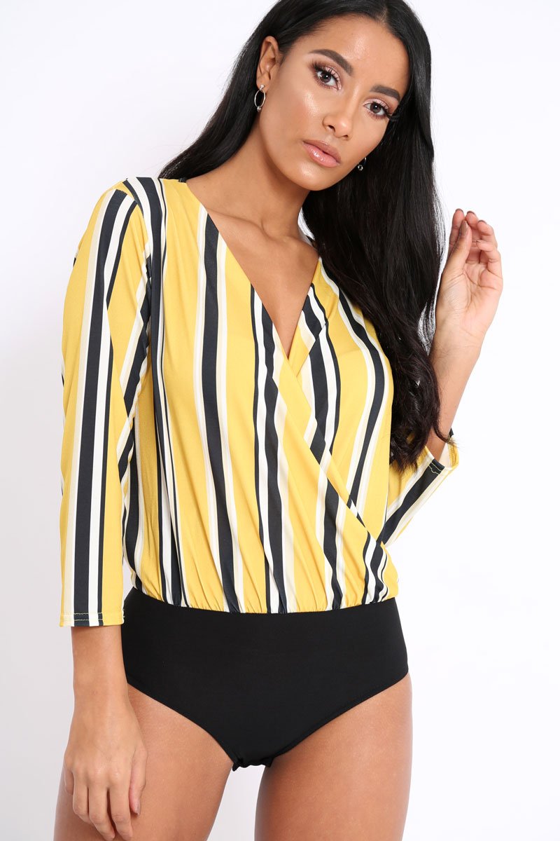 Mustard Striped Wrap Front Plunge Bodysuit - Edie-Bodysuits