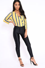 Mustard Striped Wrap Front Plunge Bodysuit - Edie-Bodysuits