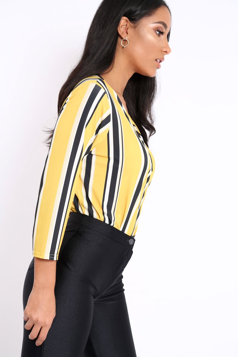 Mustard Striped Wrap Front Plunge Bodysuit - Edie-Bodysuits