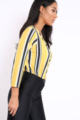 Mustard Striped Wrap Front Plunge Bodysuit - Edie-Bodysuits