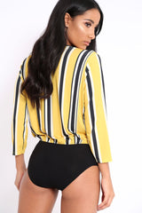 Mustard Striped Wrap Front Plunge Bodysuit - Edie-Bodysuits