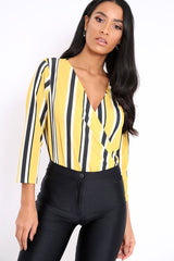 Mustard Striped Wrap Front Plunge Bodysuit - Edie-Bodysuits