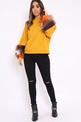 Mustard Sweatshirt with Multicolour Fur Sleeves - Loise-Jumper