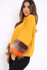 Mustard Sweatshirt with Multicolour Fur Sleeves - Loise-Jumper