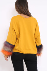 Mustard Sweatshirt with Multicolour Fur Sleeves - Loise-Jumper