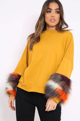 Mustard Sweatshirt with Multicolour Fur Sleeves - Loise-Jumper