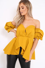 Mustard Sweet Heart Bardot Top with Ruched Sleeves - Kinza-Tops