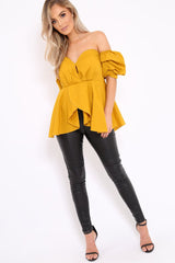 Mustard Sweet Heart Bardot Top with Ruched Sleeves - Kinza-Tops