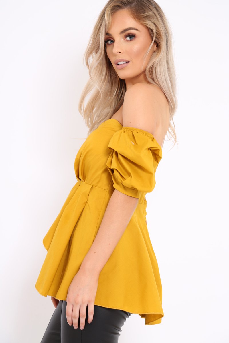 Mustard Sweet Heart Bardot Top with Ruched Sleeves - Kinza-Tops