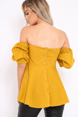 Mustard Sweet Heart Bardot Top with Ruched Sleeves - Kinza-Tops