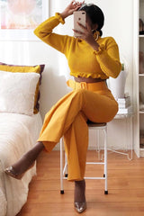 Mustard Tailored Wide Leg Belted Trousers - Chenelle-Trousers