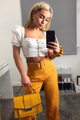 Mustard Tailored Wide Leg Belted Trousers - Chenelle-Trousers