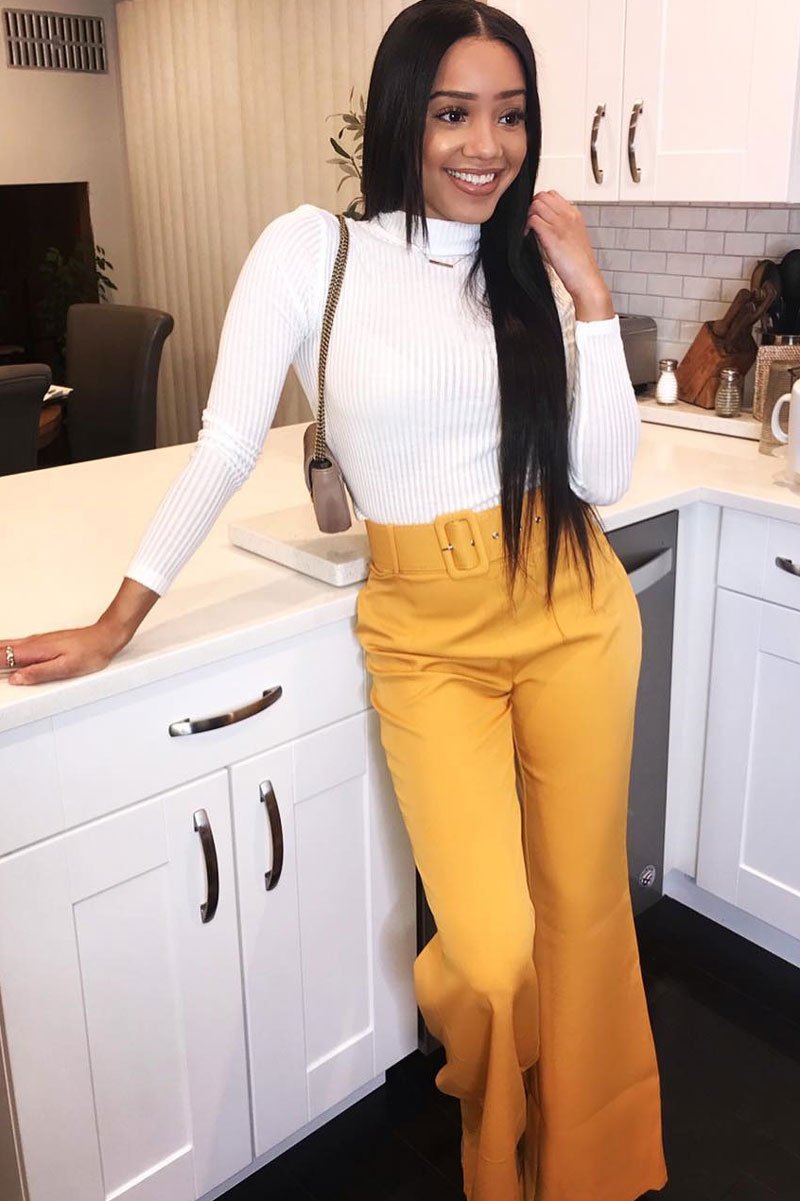 Mustard Tailored Wide Leg Belted Trousers - Chenelle-Trousers
