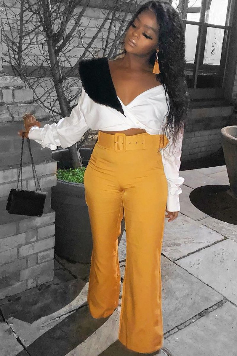 Mustard Tailored Wide Leg Belted Trousers - Chenelle-Trousers