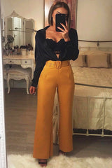 Mustard Tailored Wide Leg Belted Trousers - Chenelle-Trousers