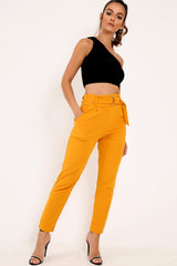 Mustard Tapered Belted Cigarette Trousers - Myasia-Trousers