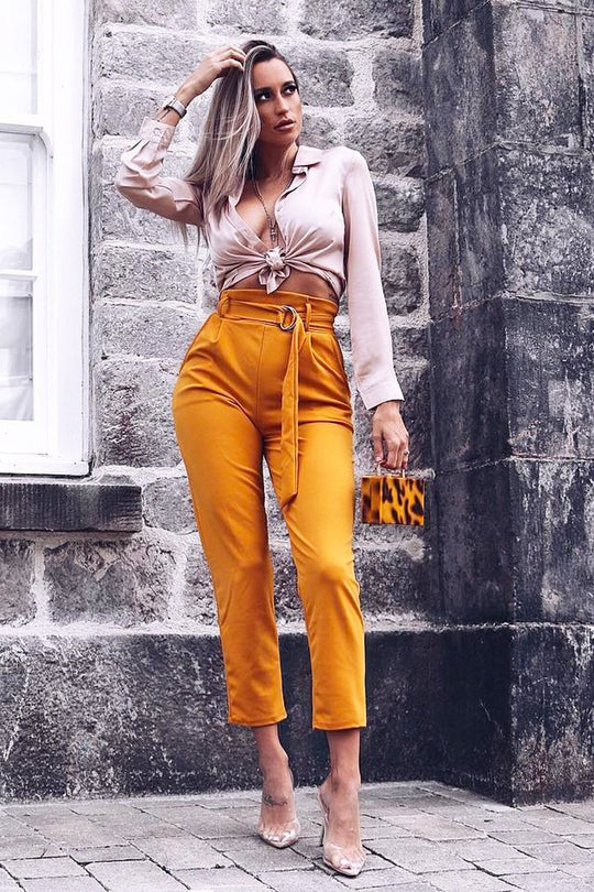 Mustard Tapered Belted Cigarette Trousers - Myasia