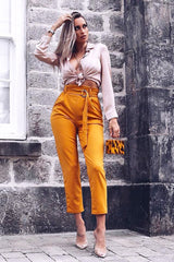Mustard Tapered Belted Cigarette Trousers - Myasia-Trousers