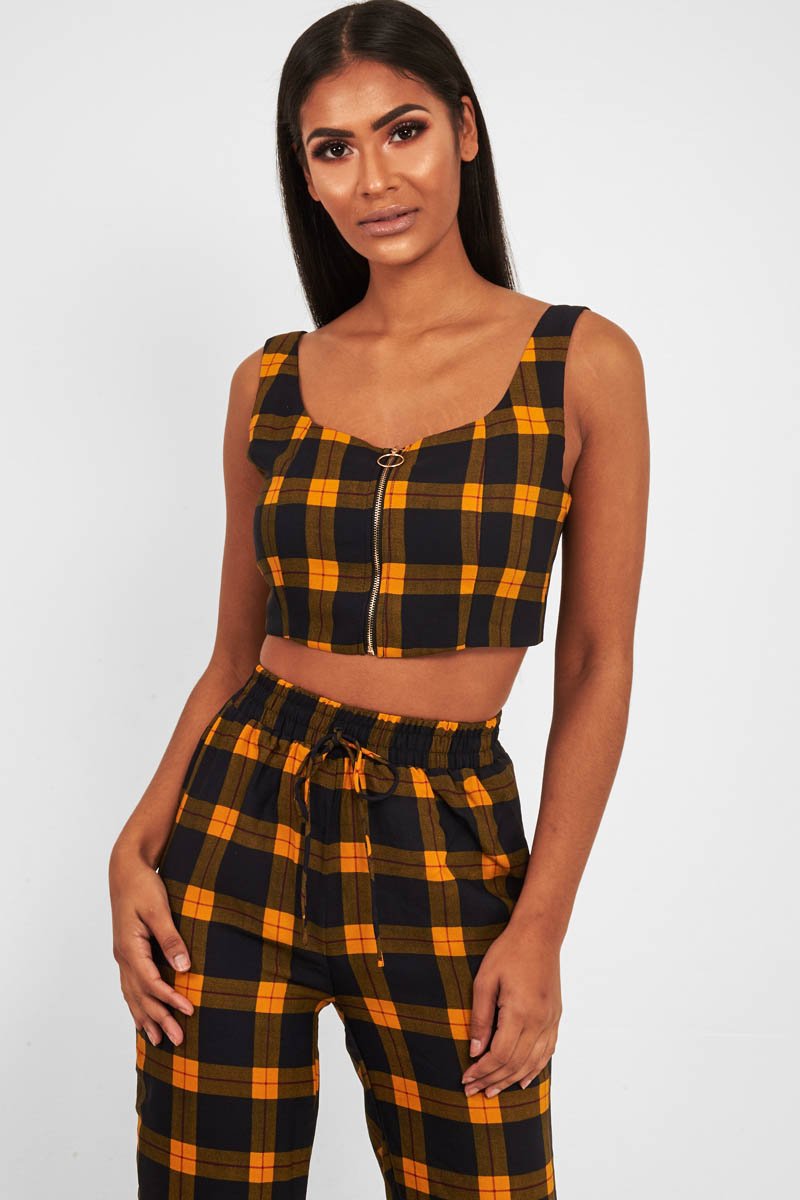 Mustard Tartan Crop Top Cuffed Trousers Co-Ord - Kila-Co-ords