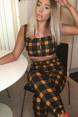 Mustard Tartan Crop Top Cuffed Trousers Co-Ord - Kila-Co-ords