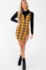 Mustard Tartan Plunge Neck Mini Dress - Irisa-Dresses