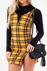 Mustard Tartan Plunge Neck Mini Dress - Irisa-Dresses