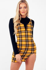 Mustard Tartan Plunge Neck Mini Dress - Irisa-Dresses