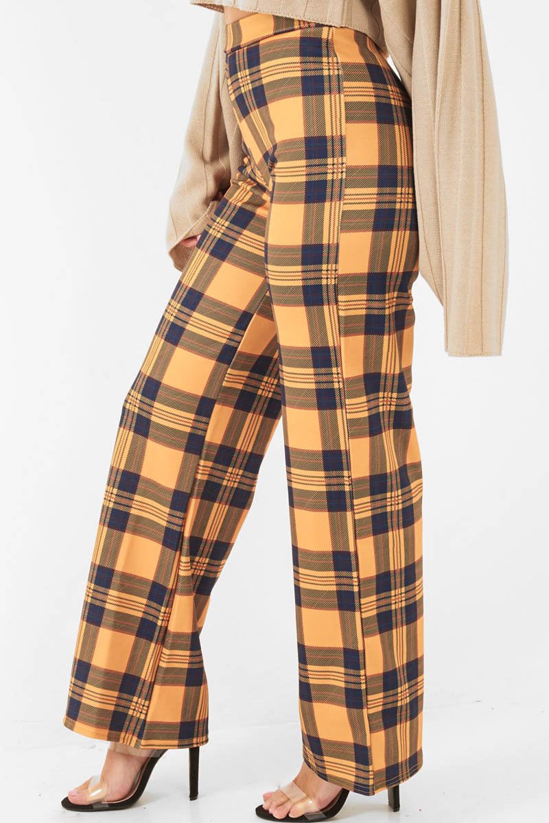 Mustard Tartan Wide Leg Trousers - Kensy-Trousers