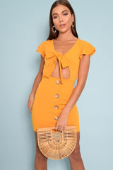 Mustard Tie Button Front Bodycon Dress - Aaira-Dresses