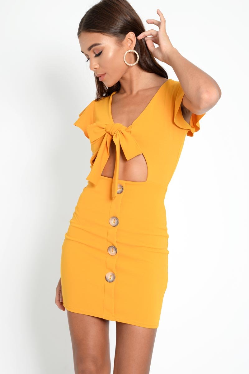 Mustard Tie Button Front Bodycon Dress - Aaira-Dresses