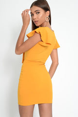 Mustard Tie Button Front Bodycon Dress - Aaira-Dresses