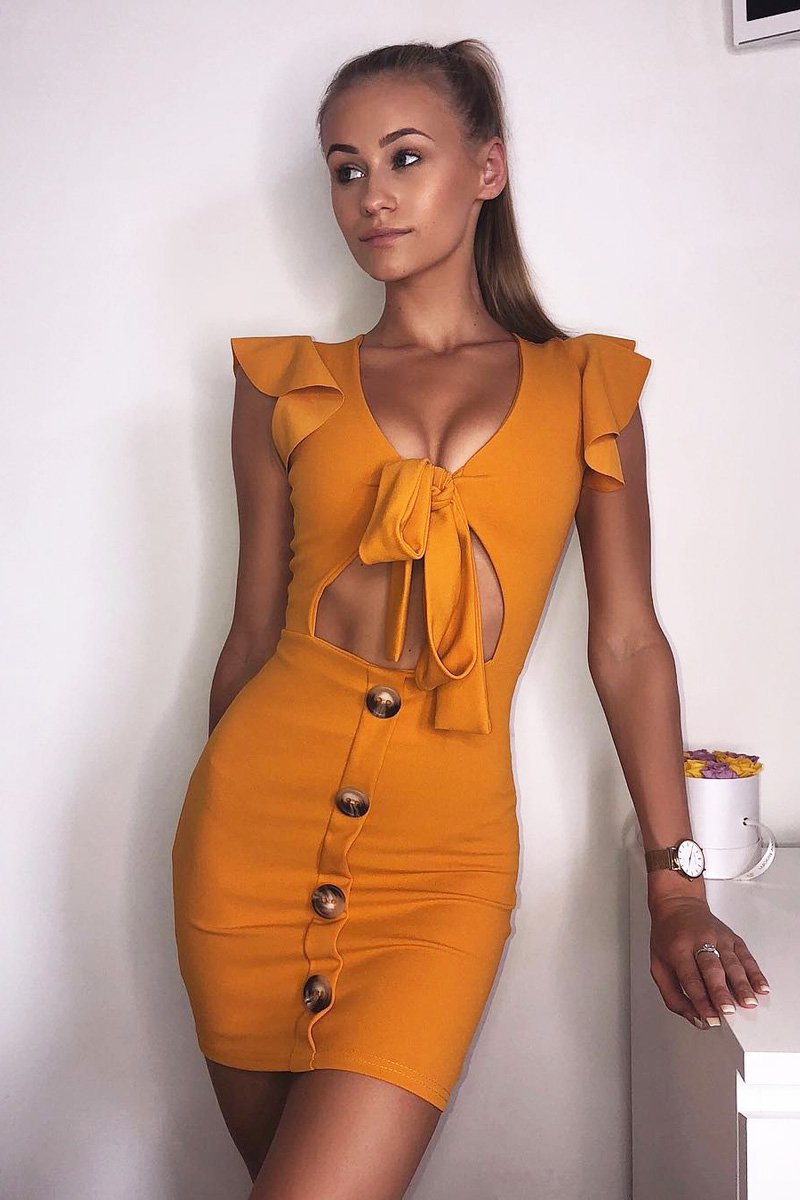 Mustard Tie Button Front Bodycon Dress - Aaira-Dresses