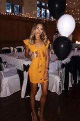 Mustard Tie Button Front Bodycon Dress - Aaira-Dresses
