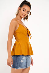 Mustard Tie Front Button Up Cami Top - Jet-Tops