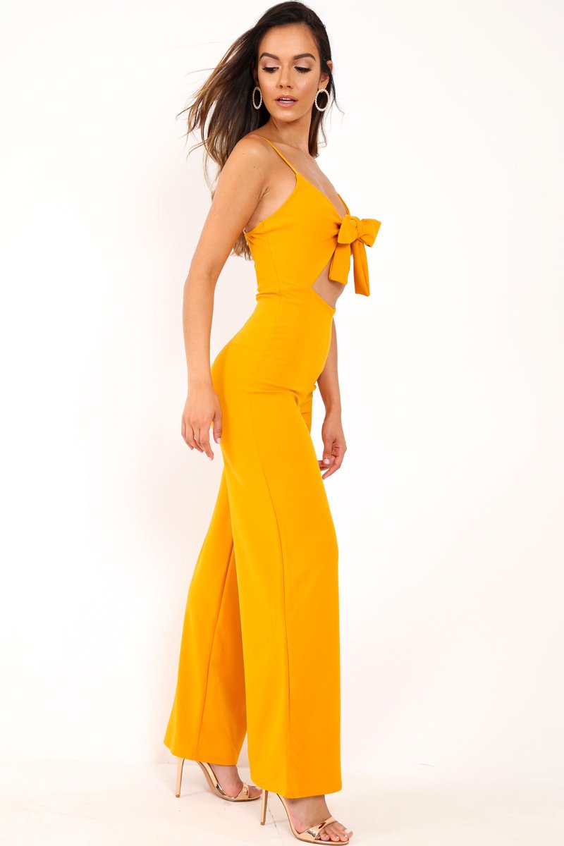 Mustard Tie Front Cut Out Jumpsuit - Jodee-Jumpsuits