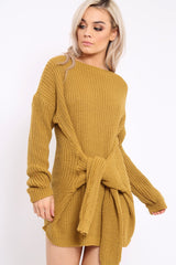 Mustard Tie Front Knitted Jumper Dress - Harley-Dresses