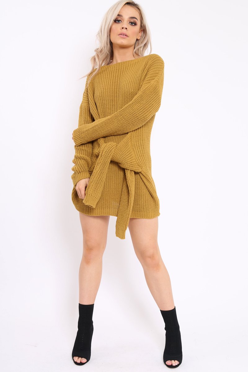 Mustard Tie Front Knitted Jumper Dress - Harley-Dresses