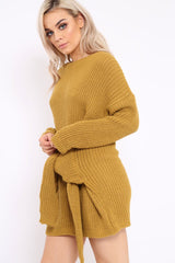 Mustard Tie Front Knitted Jumper Dress - Harley-Dresses