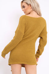 Mustard Tie Front Knitted Jumper Dress - Harley-Dresses
