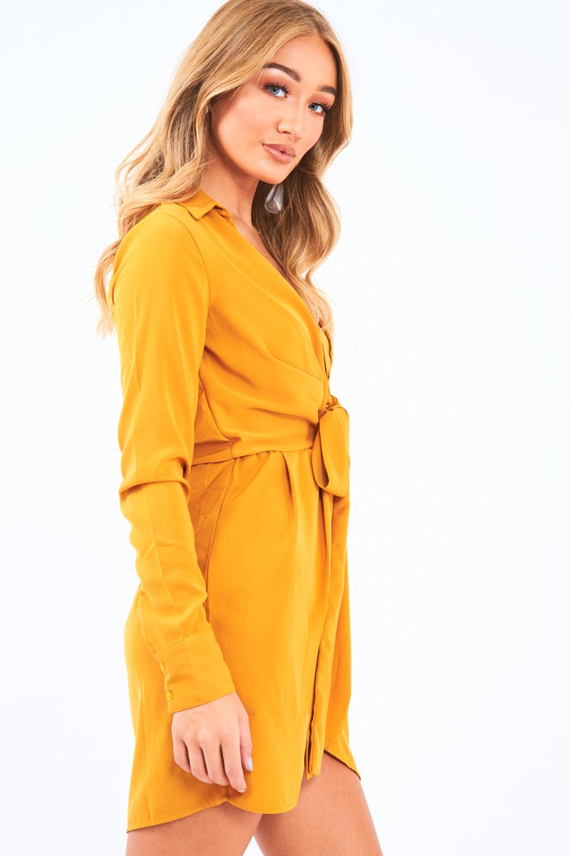 Mustard Tie Front Plunge Wrap Shirt Dress - Bexlee-Dresses